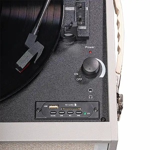RETRO stílusú bakelit lemezjátszó fa lábakkal, beépített hangszórókkal, beépített erősítővel, FM rádióval, USB-vel, SD-kártyával, FEHÉR/KRÉM, DENVER - Img 5