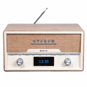 Retro stílusú rádió-CD-lejátszó, FM-rádió, DAB+, színes LCD-kijelző, beépített hangszórók, Bluetooth, USB, távirányító, fa burkolat, világosbarna, DENVER