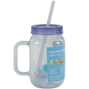 Set 4 pahare tip borcan cu toarta pentru servit limonada, paie plastic, cuburi siliconice, 550ml - Img 6