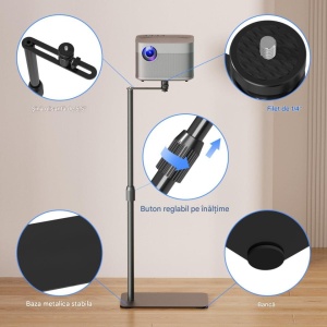 Suport premium de podea pentru proiector video, camera foto/video, dispozitive cu montura filet 1/4, telescopic, bara decalare maxim 1.19m, Suptek - Img 3