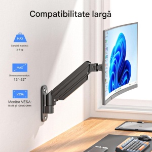 Suport premium prindere perete pentru monitor, brat cu gaz, VESA 75x75 si 100x100, greutate suportata 9Kg, Suptek - Img 3