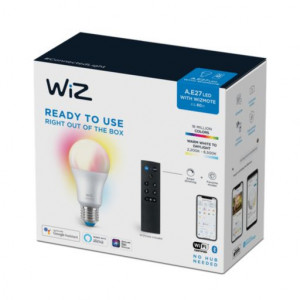Szett intelligens LED izzó + WiZ RGB távirányító, többszínű Wi-Fi, A60, E27, 8W (60W), 806 lm, meleg fehér fényhőmérséklet, Google Assistant/Alexa/Siri kompatibilis, DETERIORÁLT CSOMAGOZÁS