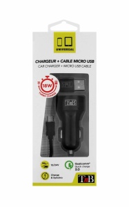 Autótöltő 12/24V, 18W, Qualcomm gyorstöltés, 1m micro USB kábel, T'nB