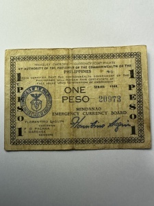 Bancnotă rară – 1 Peso, Filipine, 1944 – Mindanao Emergency Currency Board