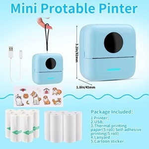 Mini imprimanta termica portabila, acumulator 1200Ah, USB-C, + 10 role cadou, albastra, conectare bluetooth, HuiJuke - Img 2