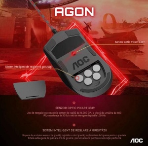 Mouse gaming cu fir AOC Agon AGM700, Iluminare RGB, 16000 dpi, pastile greutati,Negru - Img 11