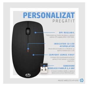 Mouse wireless HP X200, dongle USB 2,4GHz, ambidextru, autonomie max. 18 luni, LED status baterie, 1600 DPI, 3 butoane, baterie AA inclusa, negru - Img 3
