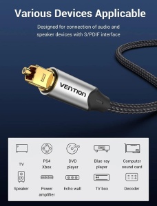 Prémium minőségű OPTIC audiokábel, aranyozott csatlakozók, 1,5 m, S/PDIF T – S/PDIF T, 5.1 csatornás, Vention - Img 7