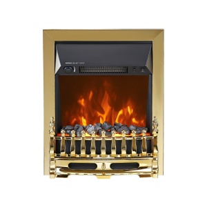 Șemineu electric decorativ independent, cu elemente decorative de culoare aurie