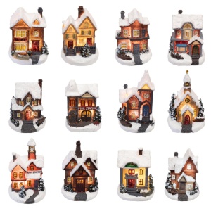 Set 12 casute iluminate led, decor Craciun pentru masa, geam, brad, model colorat, 10 x 6 x 7cm