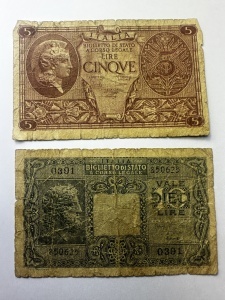 Set Bancnote - Regatul Italiei – Regele Vittorio Emanuele III (WWII) – 5 & 10 Lire ( 1943-1944 )