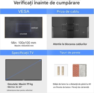 Suport pentru TV, televizor cu diagonala intre 26" - 60", greutate maxima 45kg, VESA de la 100x100 pana la 400x400, Suptek - Img 5