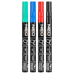 4 darabos készlet tartós filctoll fém, üveg, kő, fa, műanyag, univerzális, fekete, piros, zöld, kék színű, vízálló, Neo Tools - Img 13