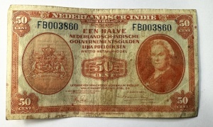 Bancnota Coloniala - Indiile Olandeze - 50 Cents 1943 - Reginei Wilhelmina