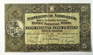 Bancnota Elvetie - 5 Francs 1947 - Img 3