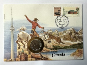 Canada 1988 – Plic filatelico-numismatic + monedă 25 cents necirculată (UNC) + timbre ștampilate Québec