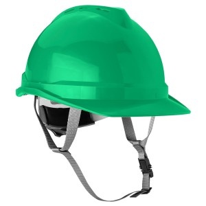 Casca industriala cu chinga de prindere sub barbie, verde