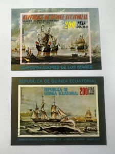 Lot 2 colite filatelice Guineea Ecuatorială – Corăbii și mari bătălii navale – 200 PTAS