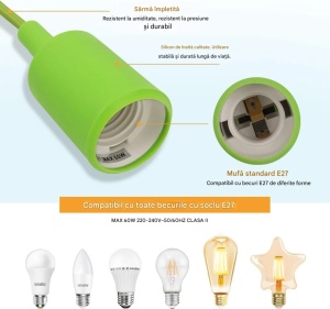 Mennyezeti lámpatest, E27 foglalat, max 60W izzó, zöld PVC, 1m fonott kábel, ExtraStar - Img 2