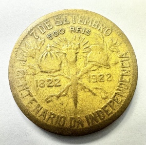 Moneda Brazilia - Comemorativa - Centenarul Independenței Braziliei (1822–1922) - 500 Reis 1922 - Img 2