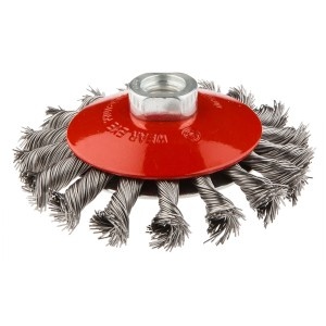 Perie conica, rosu, 100mm x M14 sarma inox impletita 0.50mm
