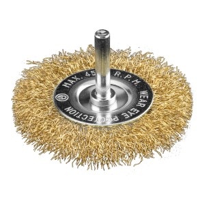 Perie tip roata din sirma incretita placata cu alama, 80 mm, cu tija de 6 mm