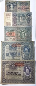 Set Bancnote Austro-Ungaria - 20/50/100/1000/10.000 Korona ( 1902-1918 ) - Img 3