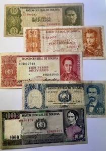 Set Bancnote - Bolivia - 10/50/100/500/1000 Pesos Bolivianos ( 1962-1982 )