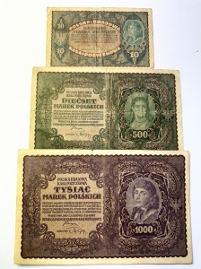 Set Bancnote - Polonia – 10/ 500 / 1000 Marek Polskich 1919