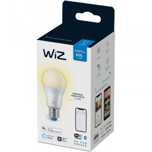 WiZ Dimmelhető intelligens LED izzó, Wi-Fi, A60, E27, 8W (60W), 806 lm, meleg fehér fényhőmérséklet, Google Assistant/Alexa/Siri kompatibilis, DETERIORÁLT CSOMAGOS KÉSZLET