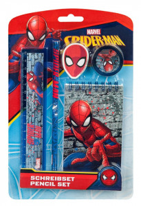 5 darabos rajzkészlet, vonalzó, ceruza, jegyzetfüzet, ceruzahegyező, Spiderman, Marvel