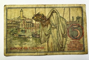 Bancnota Coloniala - 5 Francs, emisă de Banque de l’Algérie la 7 ianuarie 1942, destinată circulației în Tunisia în perioada protectoratului francez și a celui de-Al Doilea Război Mondial. - Img 4