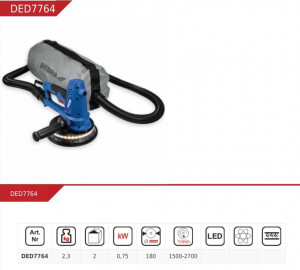 Falcsiszoló, gipszkarton, gipsz, Dedra 750W, 180mm, LED világítás, vákuum funkció és gyűjtőzsák - Img 3