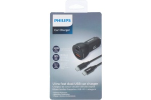 Incarcator fast charge auto 36W, USB-C, USB-A, cablu USB-C la USB-C 1m, Philips