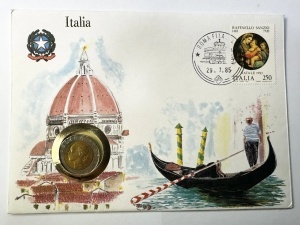 Italia 1985 – Plic filatelico-numismatic + monedă 500 Lire necirculată (UNC) + timbru Raffaello Sanzio ștampilat Roma - Img 3