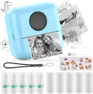 Mini imprimanta termica portabila, acumulator 1200Ah, USB-C, + 10 role cadou, albastra, conectare bluetooth, HuiJuke