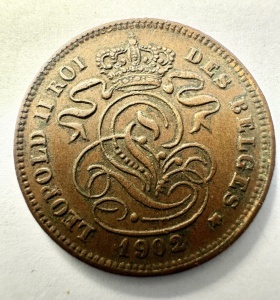 Moneda Belgia - Leopold II - 2 Cents 1902