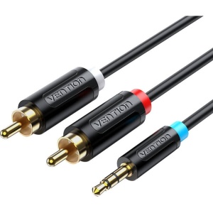 Prémium minőségű audiokábel, 3,5 mm-es jack-csatlakozótól 3 db RCA-dugóig, STEREO, 3 m, aranyozott csatlakozók, Vention