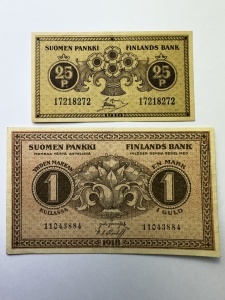 Set bancnote Finlanda 1918 – 25 Penniä & 1 Markka – Primele emisiuni după independența de Rusia