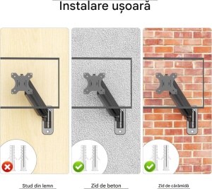 Suport premium prindere perete pentru monitor, brat cu gaz, VESA 75x75 si 100x100, greutate suportata 9Kg, Suptek - Img 4
