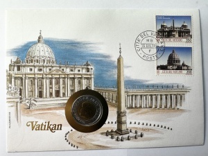 Vatican 1993 – Plic filatelico-numismatic Bazilica Sf. Petru + monedă 500 Lire necirculată (UNC) + timbre ștampilate Città del Vaticano