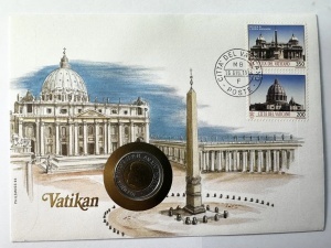 Vatican 1993 – Plic filatelico-numismatic Bazilica Sf. Petru + monedă 500 Lire necirculată (UNC) + timbre ștampilate Città del Vaticano - Img 3