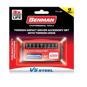 10 darabos ütvecsavarozó szett, acél V5, PZ2, PH1, PH2, T25, T27, T30, Benman