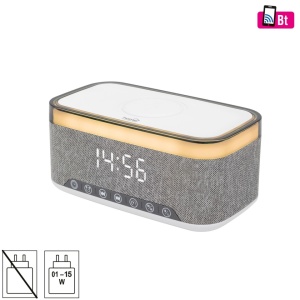 Ceas digital cu boxa bluetooth incorporata, acumulator, radio, incarcare wirreless Qi, usb, Home