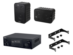 Kit sonorizare terase, foisor, spatii comerciale, 2 x boxe 60W cu prindere perete, 1 x amplificator cu bluetooth, USB, 2 X 50W, SAL