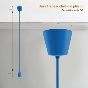 Mennyezeti lámpatest, E27 foglalat, max 60W izzó, kék PVC, 1m fonott kábel, ExtraStar - Img 4