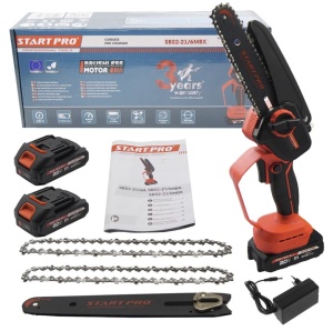 Mini elektromos fűrész, mini elektromos láncfűrész 2 x 20V 2Ah akkumulátorral, 2 x lánc, töltő, 15,2cm-es penge, Start Pro SBS2-21/6MBX