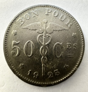 Moneda Belgia - Albert I - “ Bun Pentru “ 50 Centimes 1923