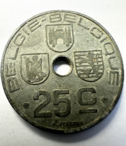 Moneda Belgia - Ocupatie Germana - Leopold III - 25 Centimes 1943