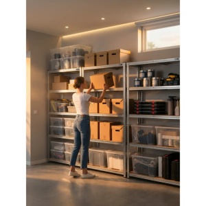 Raft metalic depozitare, 5 etajere robuste MDF, sarcina grea, ajustabile,modular, 180x90x40 cm, gri., Dedra - Img 3